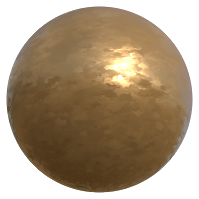 A brown sphere with light splotches and some reflectiveness.