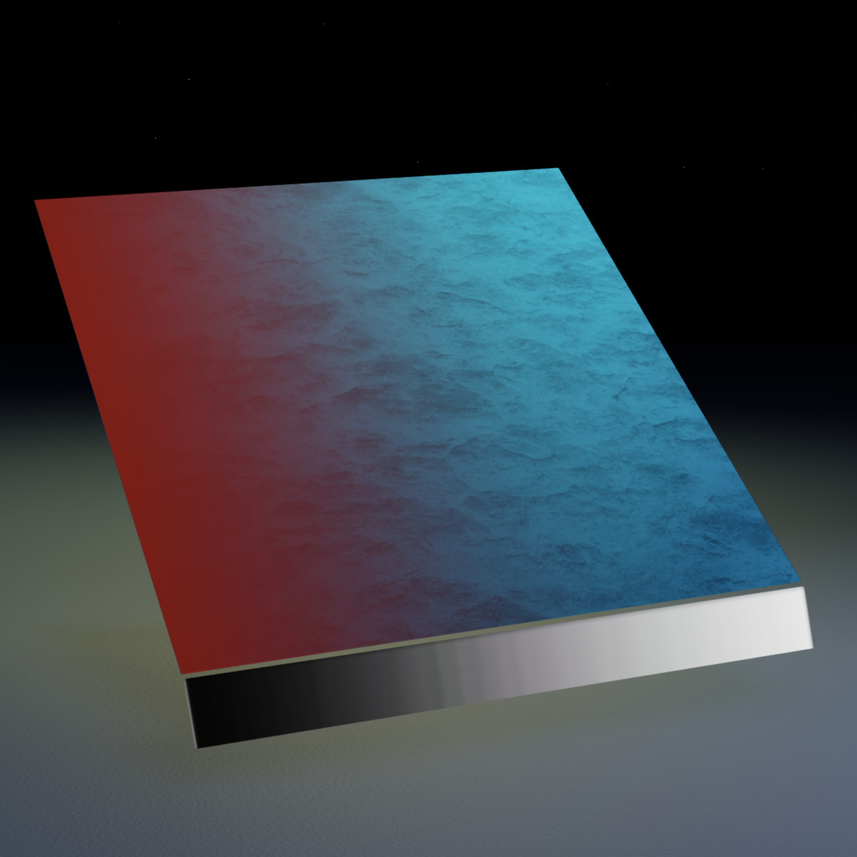 A floating square plane that gradually turns from a solid red color on the left to a cyan slate texture on the right. A thin horizontal bar below the floating plane has a gradient with black on the left and white on the right.