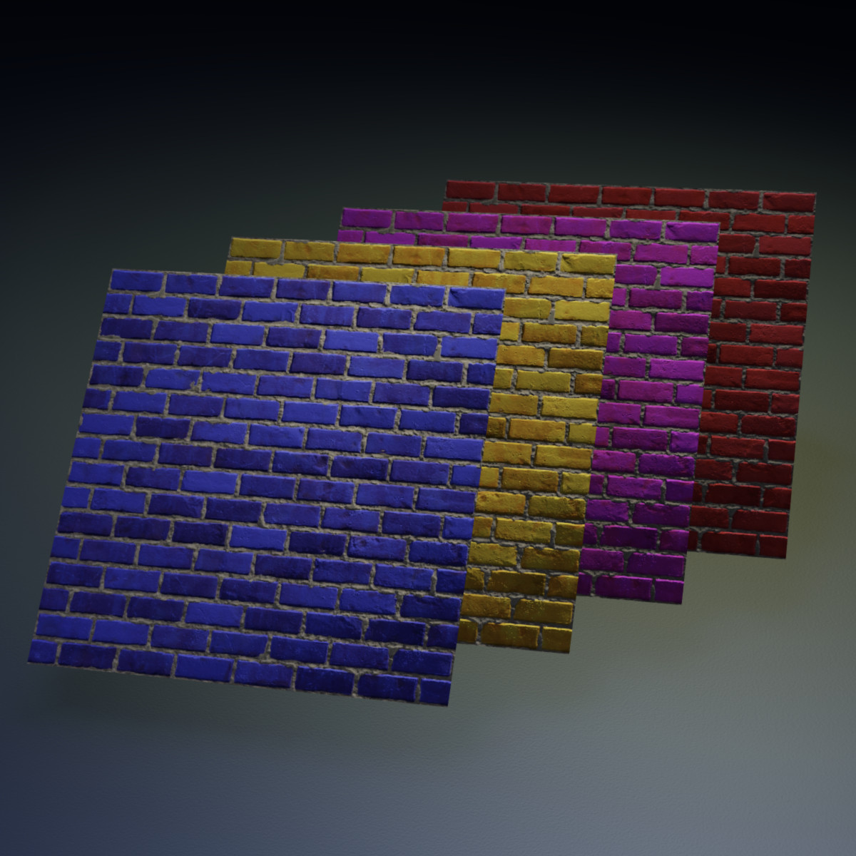 Four square panels with a brick texture arranged in a vertical stack. They are tinted blue, yellow, purple, and red.
