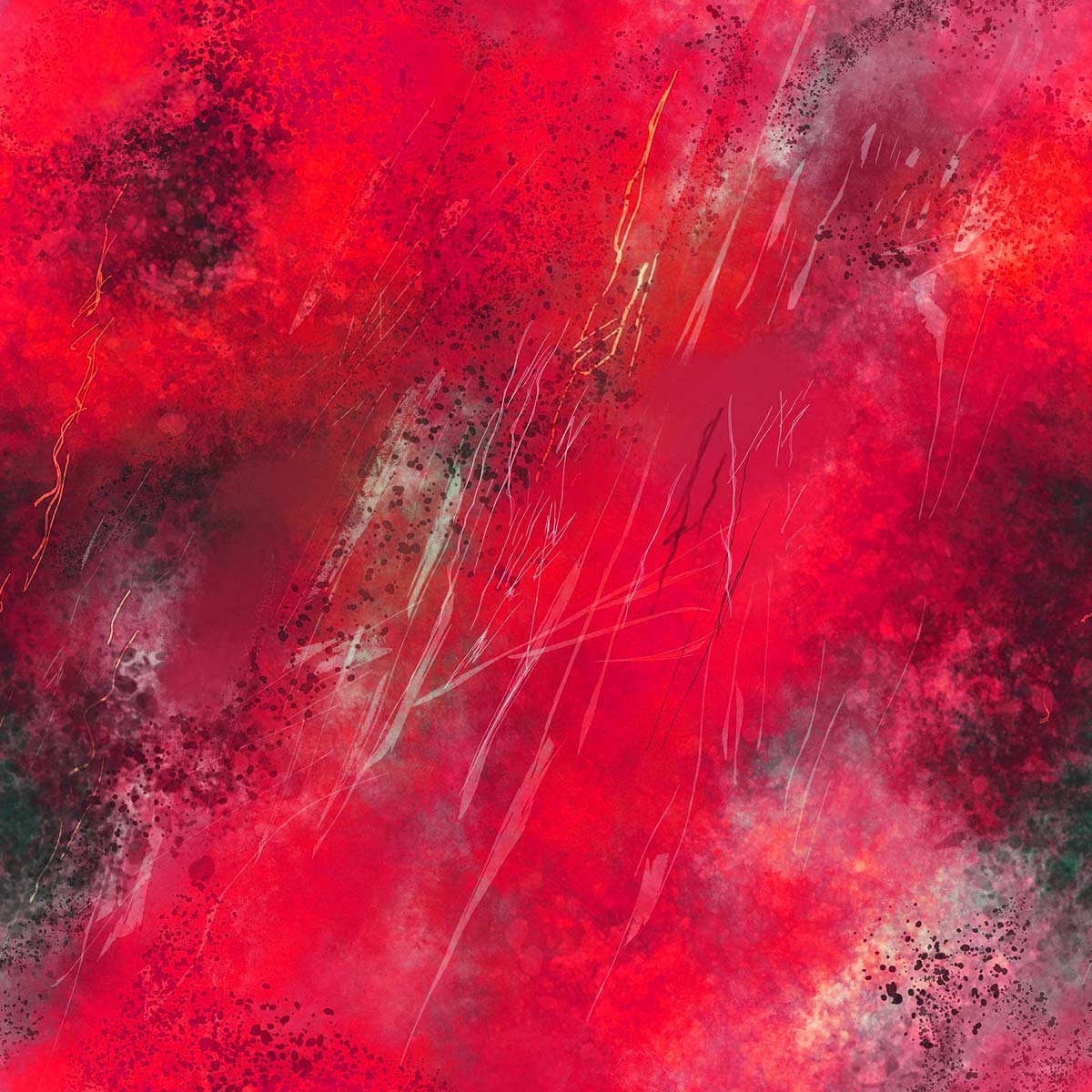 A completely filled image, mostly red with various black splotches and white scratches.