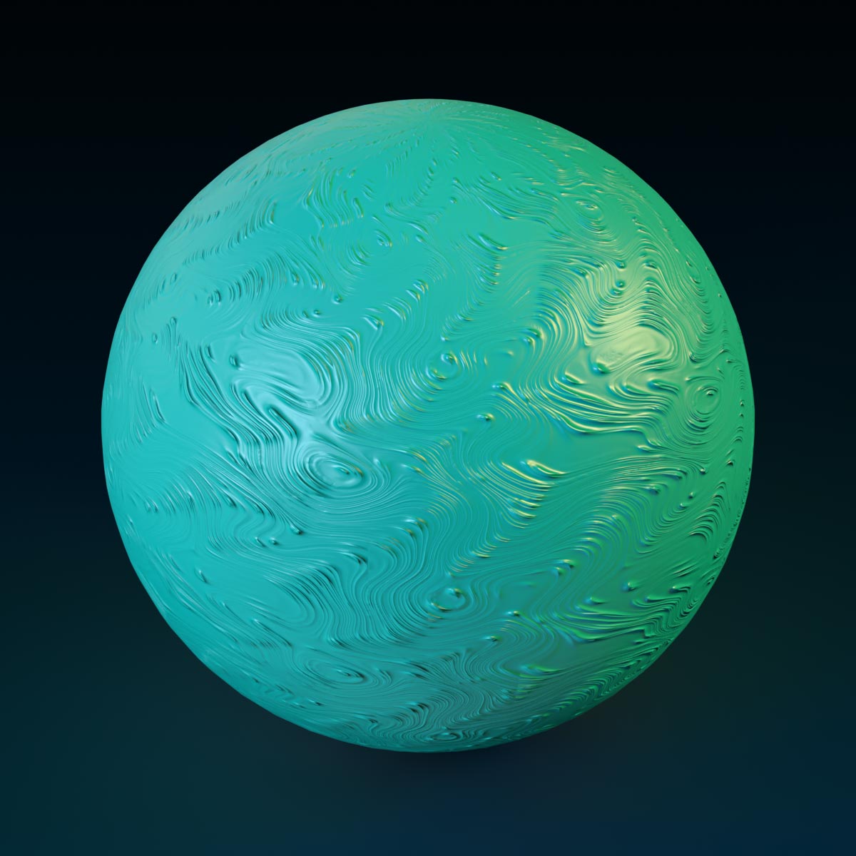 A teal sphere with tactile streaks and bumps across the surface.