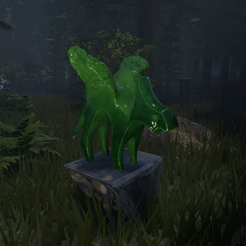 A statue with a green tint and continues to have a shiny reflective properties from its other texture maps.