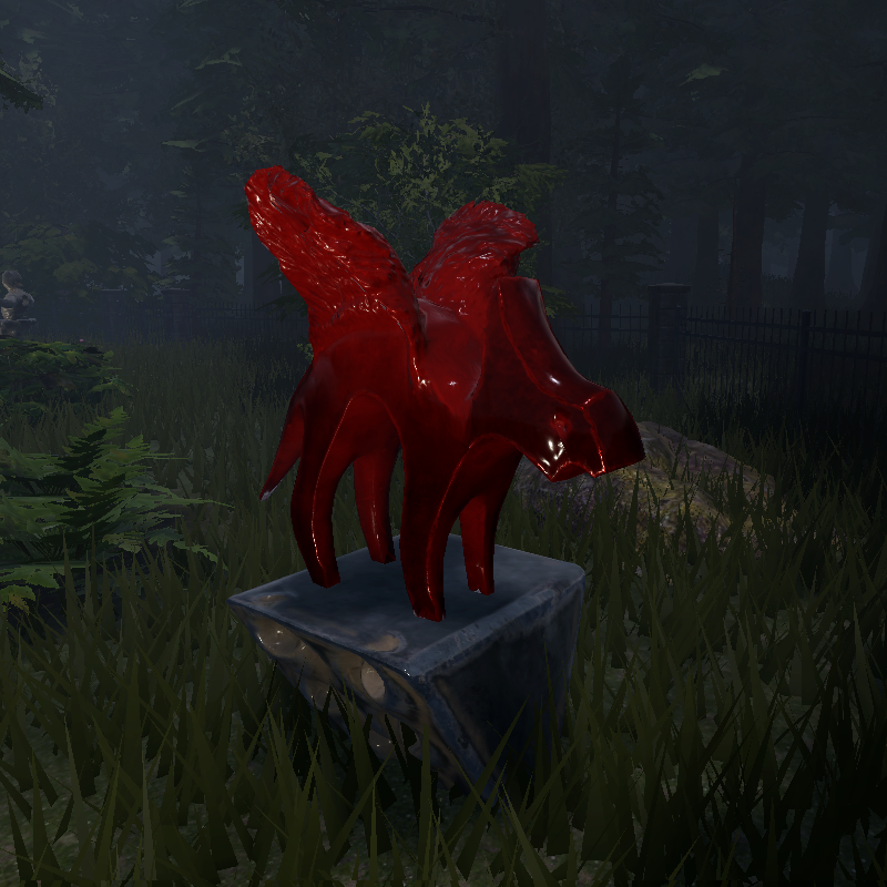 A statue with a red tint and continues to have a shiny reflective properties from its other texture maps.