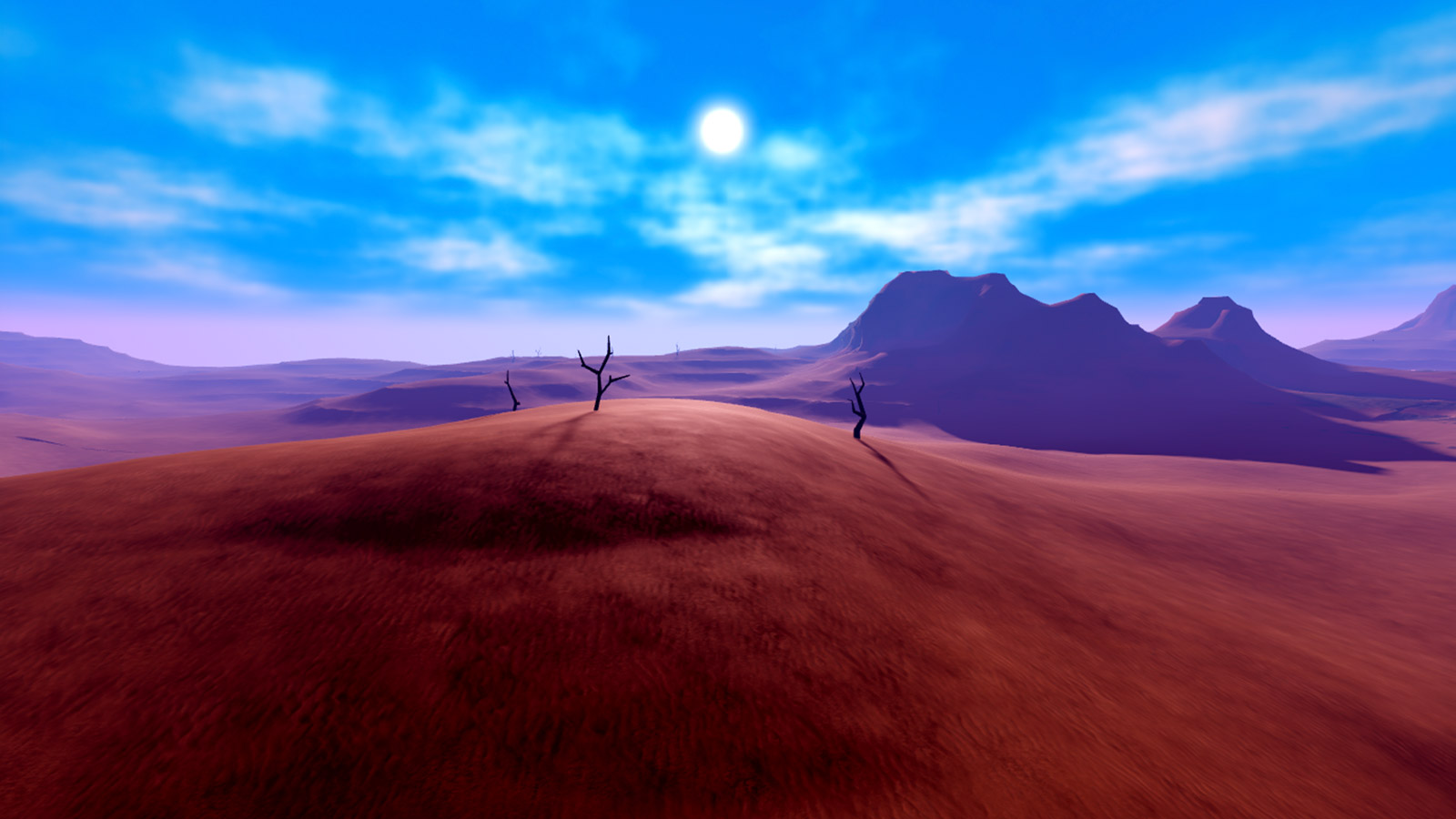 A viewport view of desert terrain with mountains in the distance.