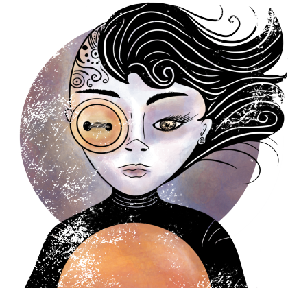 A decal asset of a young woman with a button for an eye.