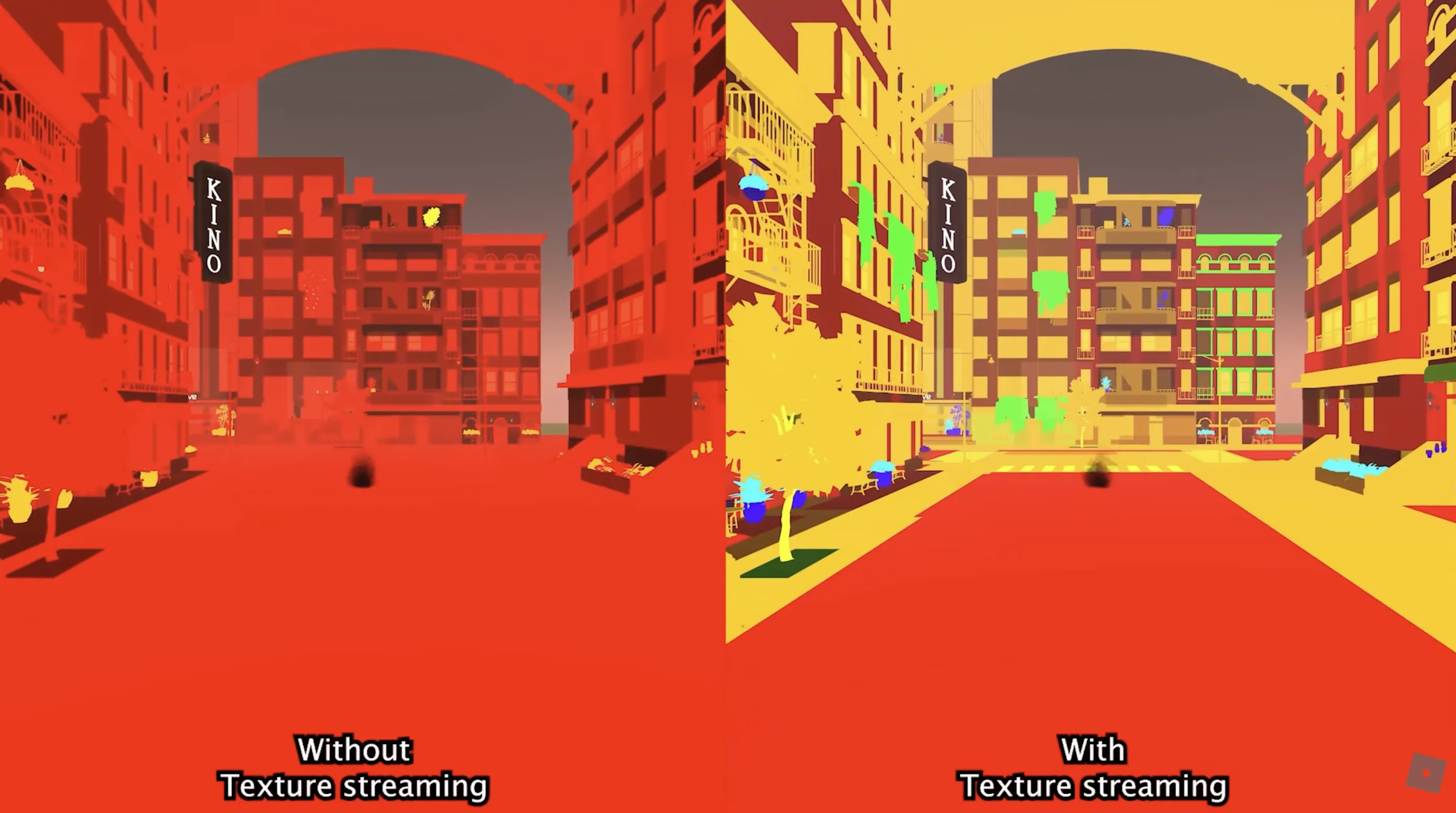 A visualization showing a game with and without texture streaming.