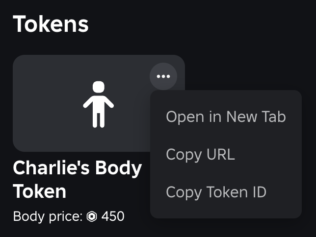 Dropdown for created tokens revealing a Copy Token ID option