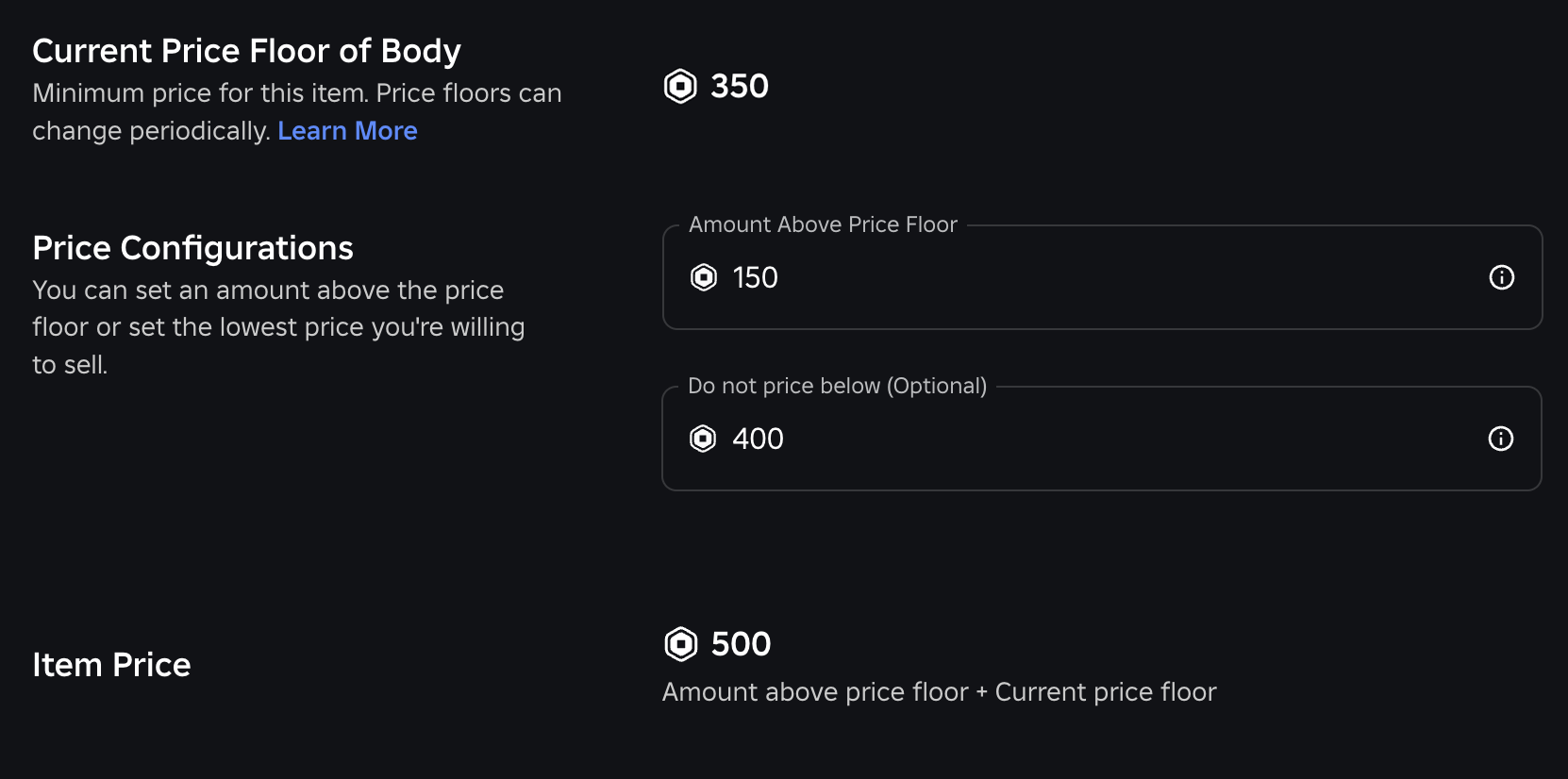 Price related fields for avatar token creation, including a calculated item price.