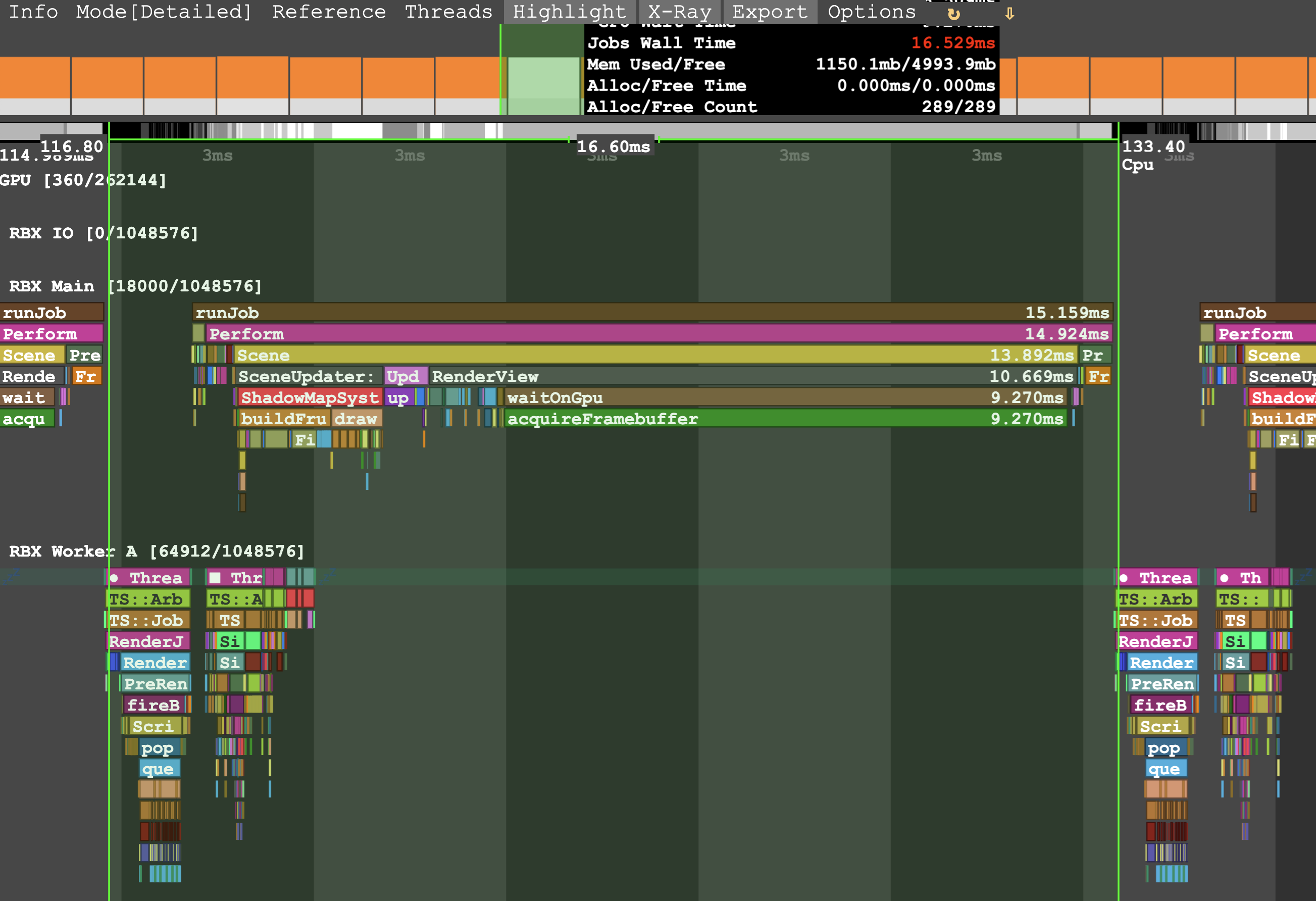 The MicroProfiler bar graph with green overlay to show zoom level.