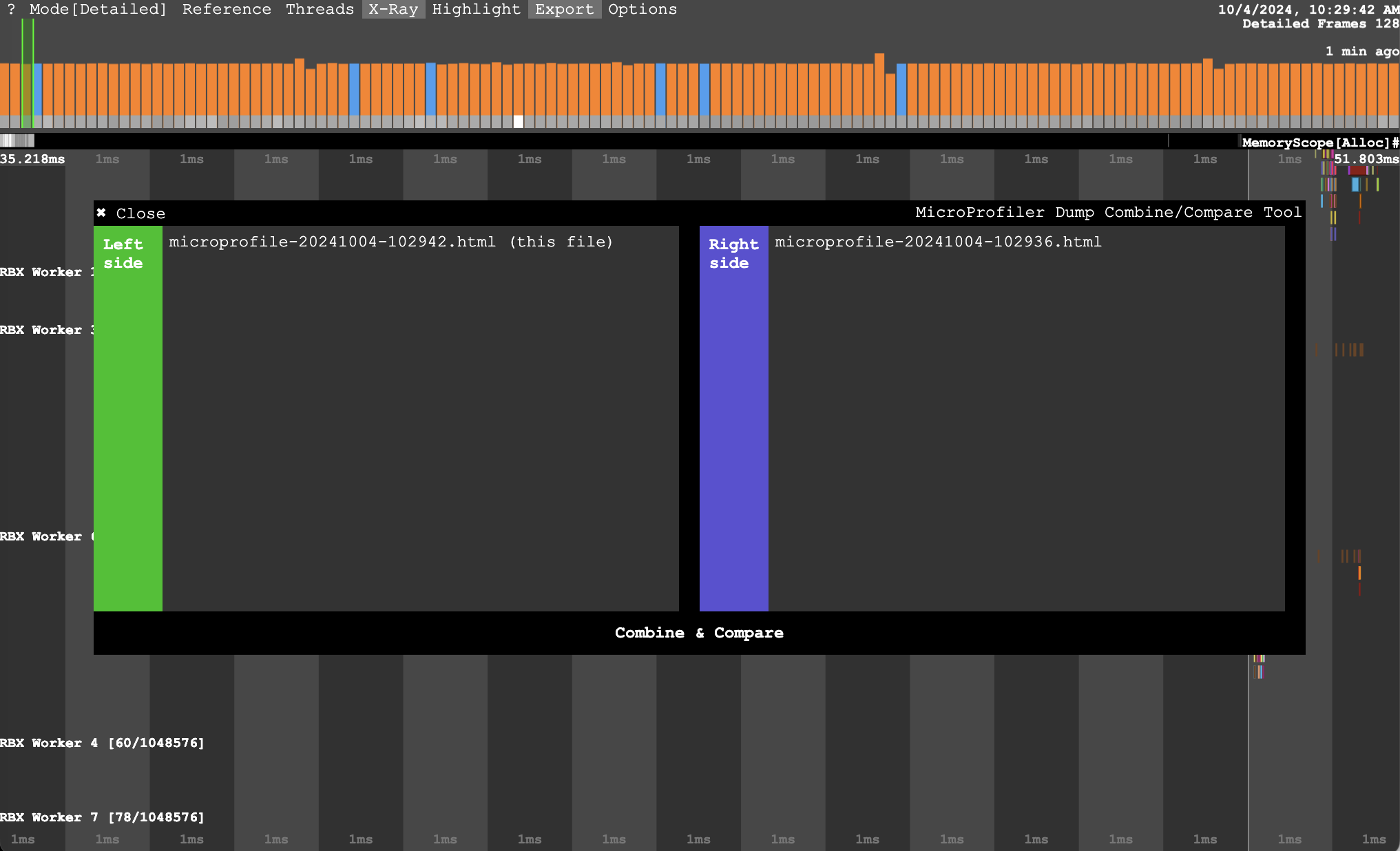 The MicroProfiler diff flame graph builder showing the left and right sides.