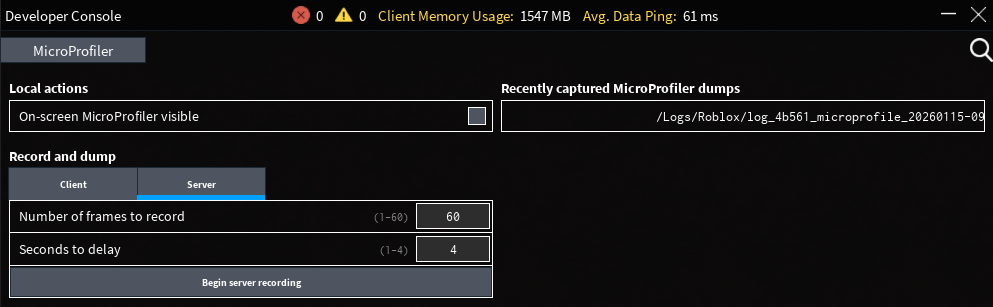 The Developer Console MicroProfiler screen.