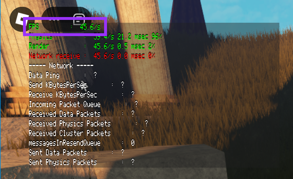 Performance summary showing 45 FPS.