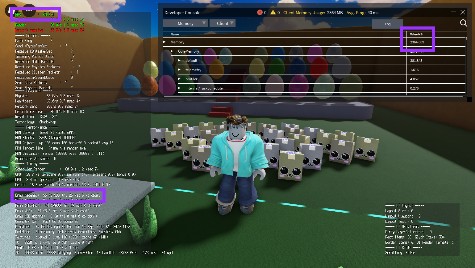 A Roblox game with three overlays active.