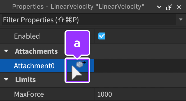 Mouse pointer hovering over Attachment0 property in Properties window.