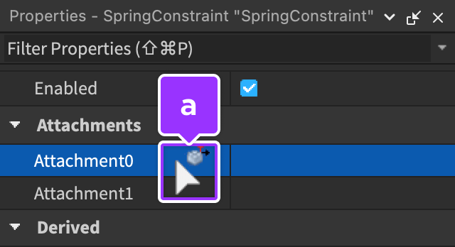 Mouse pointer hovering over Attachment0 property in the Properties window.