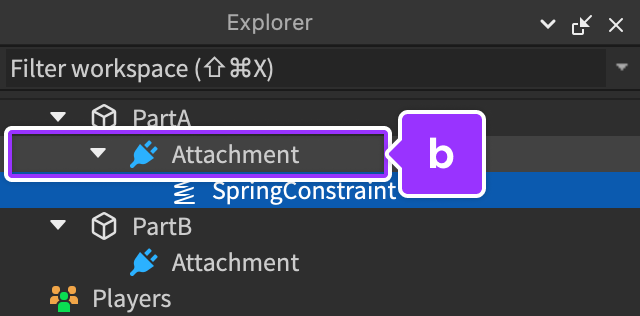 Target attachment indicated in Explorer hierarchy.