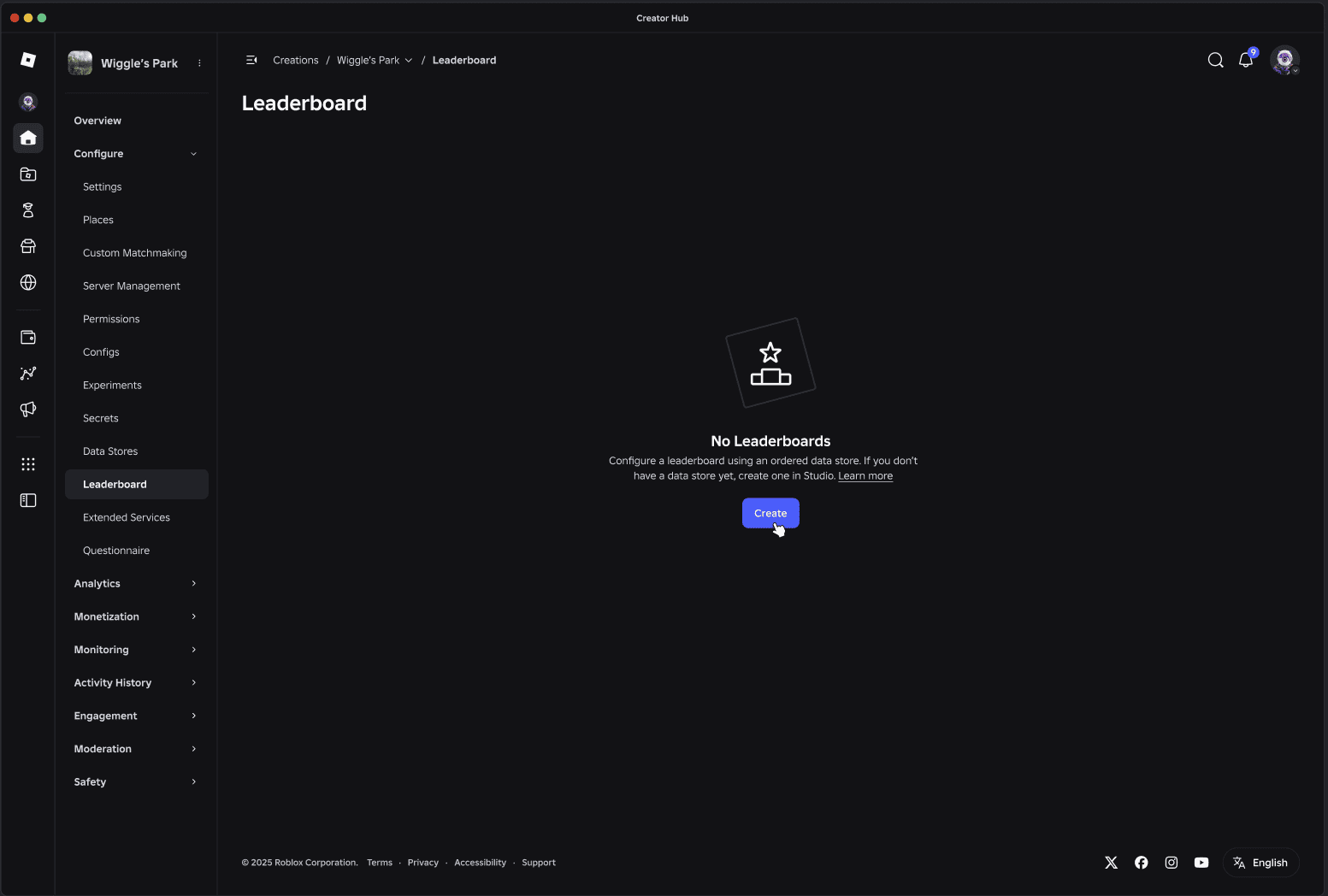 The Leaderboard page for an experience in Creator Hub, with a Create button for configuring a leaderboard.