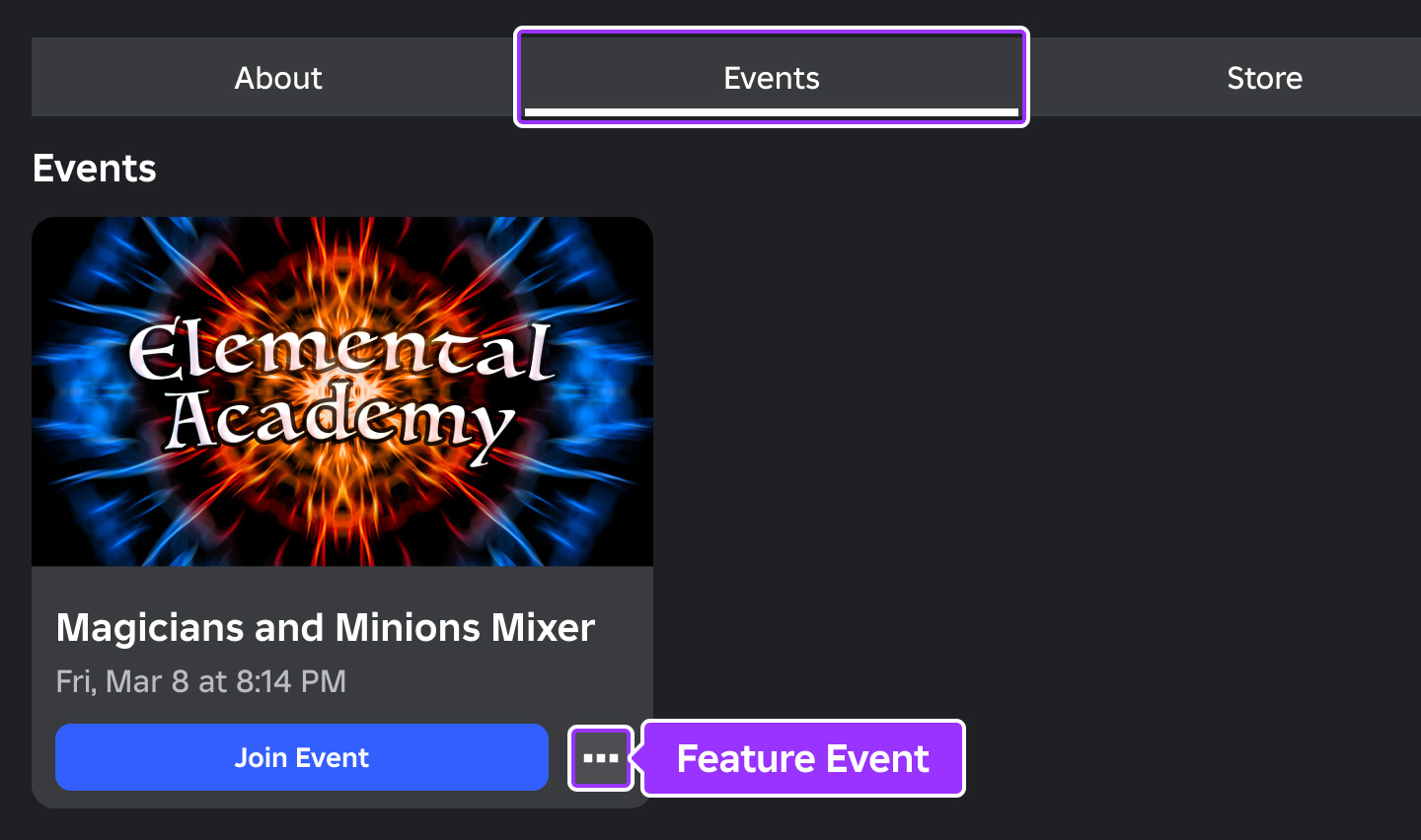 Feature Event button indicated on an event's tile on the group's page.