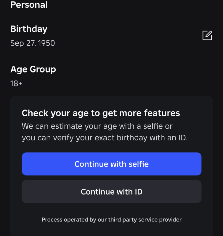 Option to verify age with selfie or ID