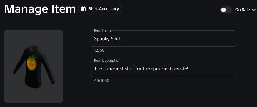Manage Item page with example asset.