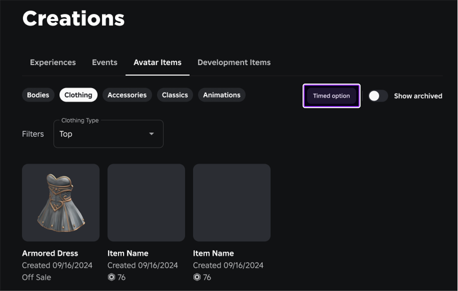 Timed options button on top right of Creations page