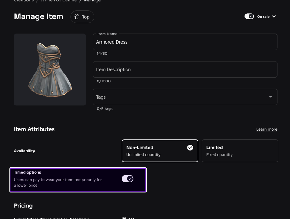 Individual timed option toggle on the specific asset sale setting page
