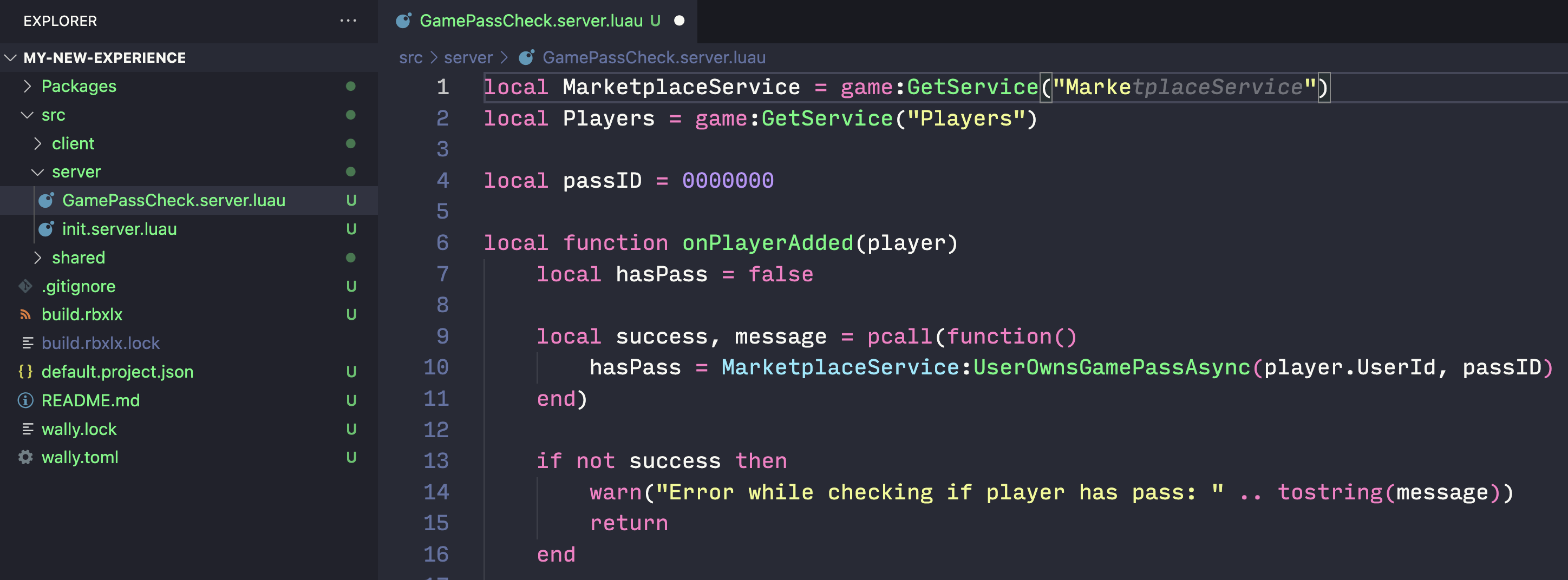 Visual Studio Code with a Rojo project open.