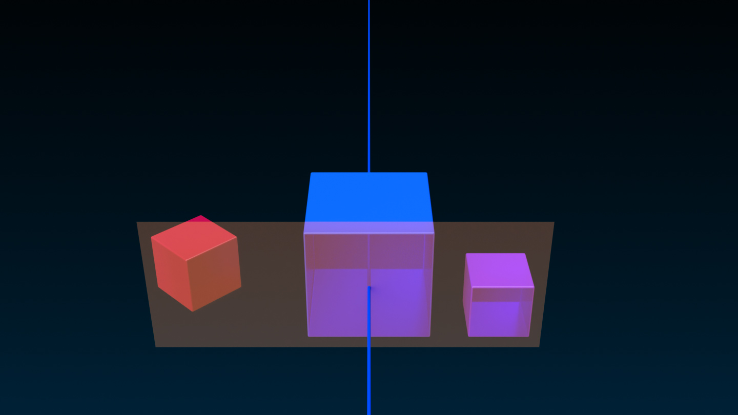 An angled side view of a small red cube, large blue cube, and a small purple cube that are aligned with the Max button on their local Z axis. A translucent orange rectangle represents where the objects align in context to each other.