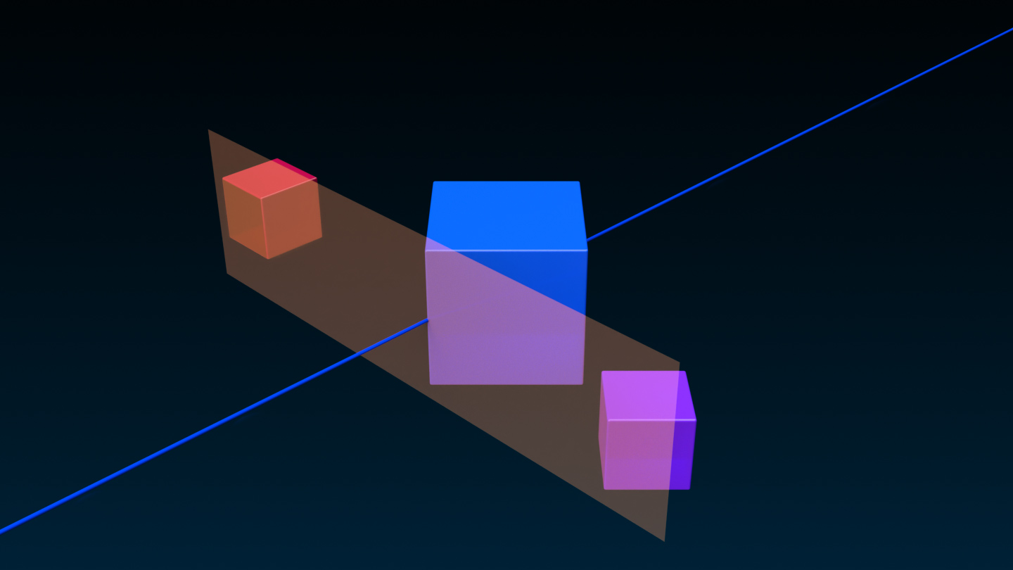 An angled side view of a small red cube, large blue cube, and a small purple cube that are aligned with the Max button on the world Z axis. A translucent orange rectangle represents where the objects align in context to each other.