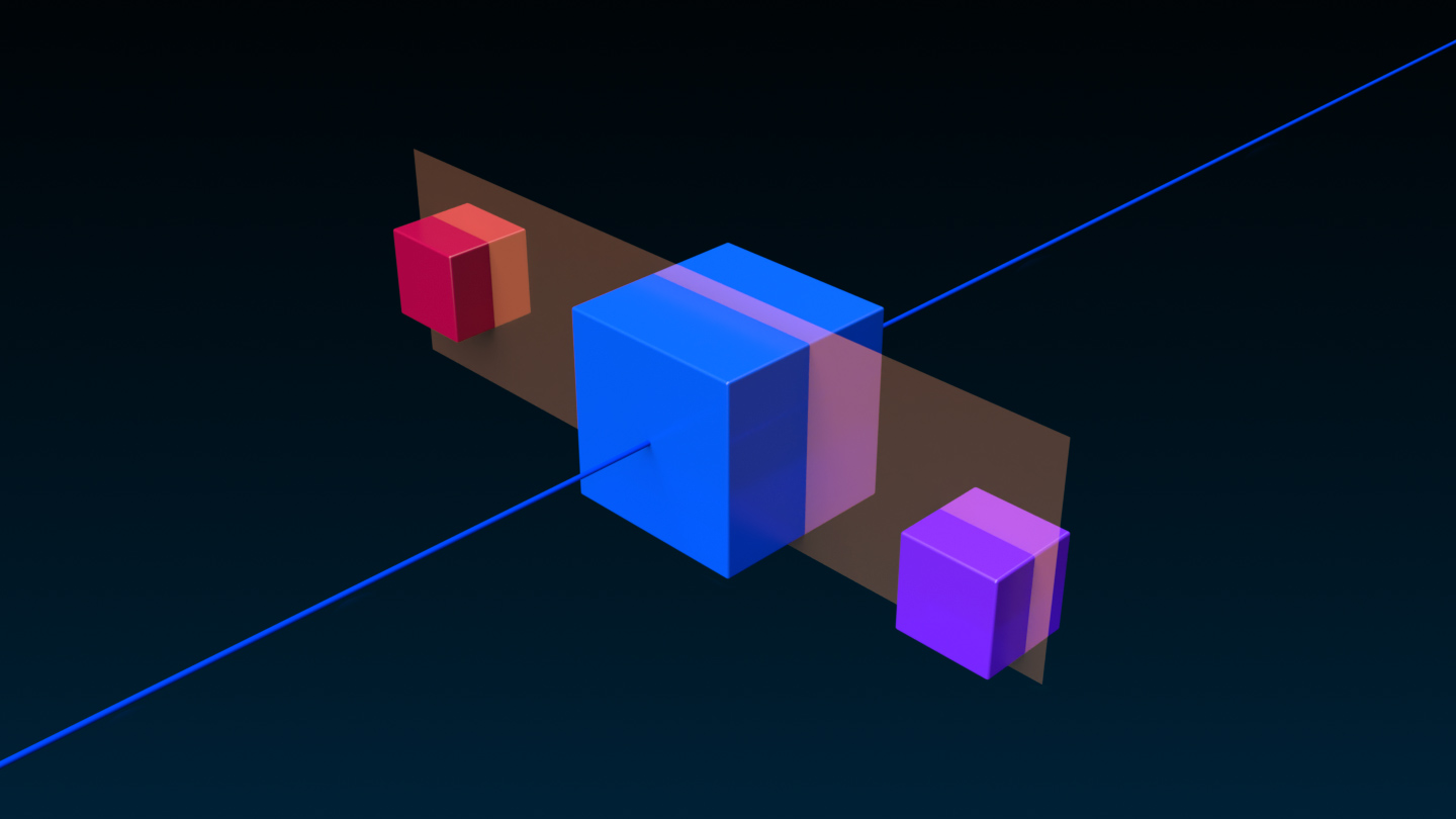 An angled side view of a small red cube, large blue cube, and a small purple cube that are aligned with the Center button on the world Z axis. A translucent orange rectangle represents where the objects align in context to each other.