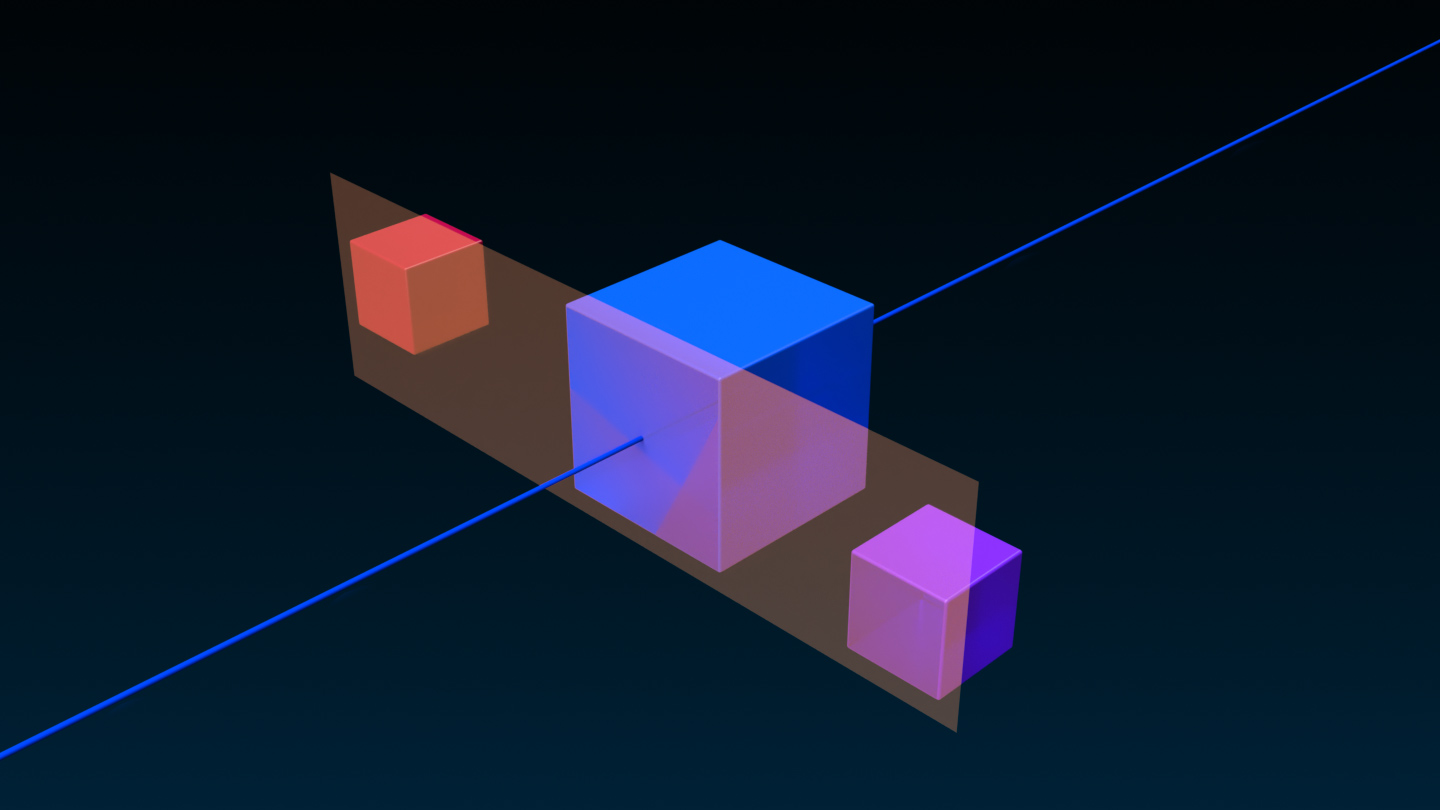 An angled side view of a small red cube, large blue cube, and a small purple cube that are aligned with the Max button on the world Z axis. A translucent orange rectangle represents where the objects align in context to each other.