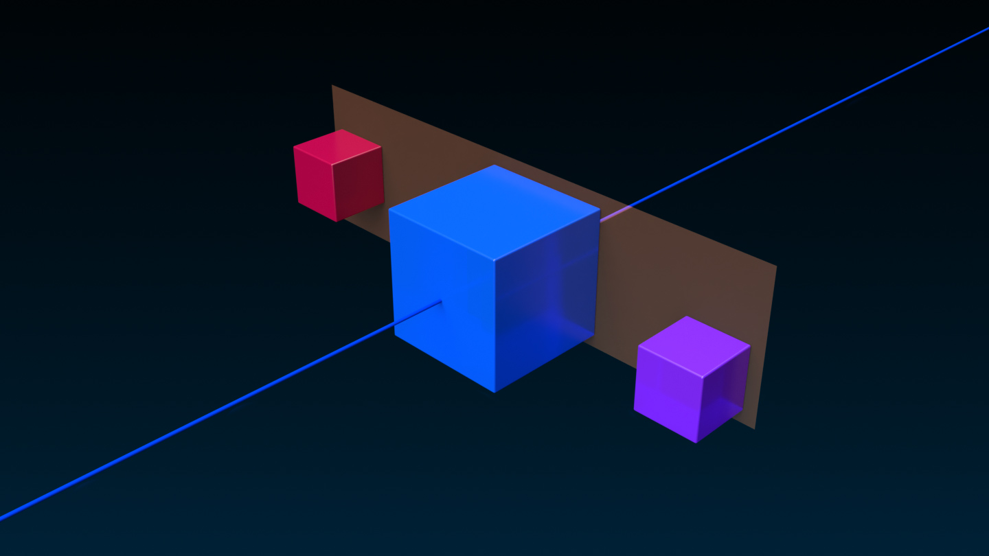 An angled side view of a small red cube, large blue cube, and a small purple cube that are aligned with the Min button on the world Z axis. A translucent orange rectangle represents where the objects align in context to each other.