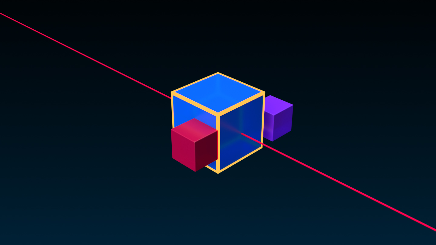 An angled side view of a small red cube, large blue cube, and a small purple cube that are aligned with the Max button on the world X axis relative to the active object. The large blue cube has a yellow outline to represent that it's the active object.
