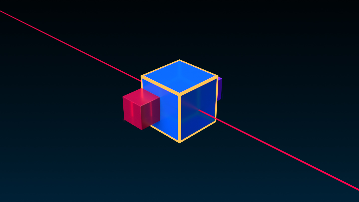 An angled side view of a small red cube, large blue cube, and a small purple cube that are aligned with the Min button on the world X axis relative to the active object. The large blue cube has a yellow outline to represent that it's the active object.