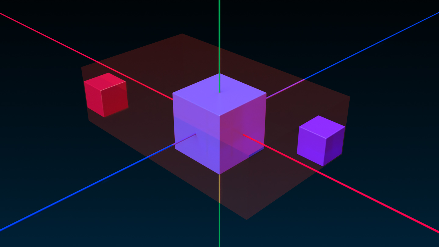 An angled side view of a small red cube, large blue cube, and a small purple cube that are unaligned. A translucent red rectangle represents where the objects' collective bounding box.