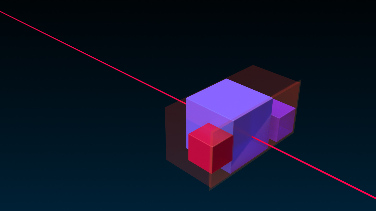 An angled side view of a small red cube, large blue cube, and a small purple cube that are aligned with the Max button on the world X axis relative to their collective bounding box. A translucent red rectangle represents where the objects' collective bounding box.