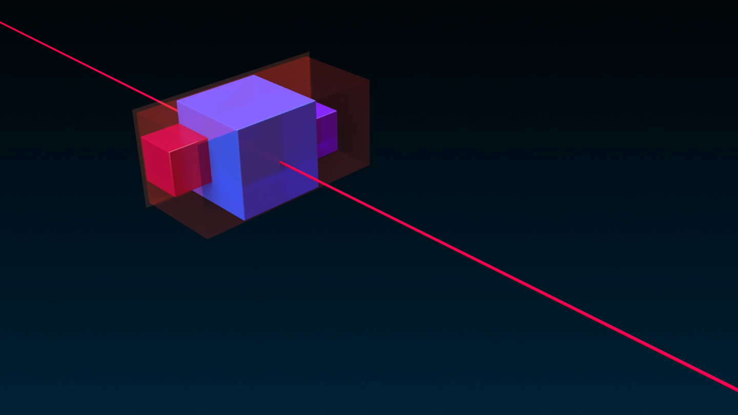 An angled side view of a small red cube, large blue cube, and a small purple cube that are aligned with the Min button on the world X axis relative to their collective bounding box. A translucent red rectangle represents where the objects' collective bounding box.