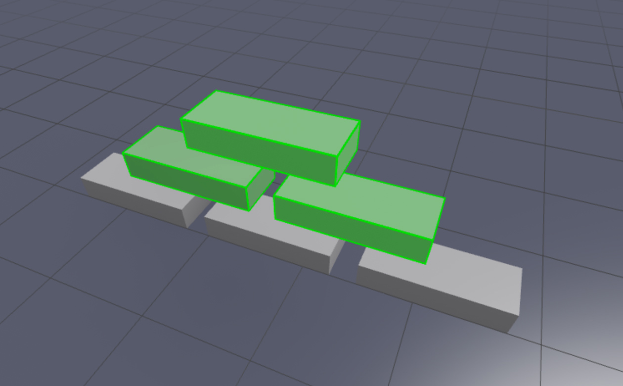 A viewport view of a block part pyramid. The parts near the top of the pyramid are highlighted in green to signify that the collaborator with the green color has the parts selected in their Studio instance.