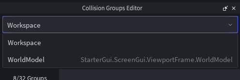 Workspace indicated as the collision group editor's currently active world