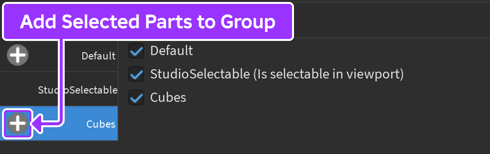 Plus button indicated in Collision Groups Editor for adding selected parts to a group