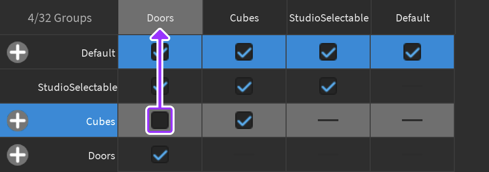 Group configured in Table View of Collision Groups Editor