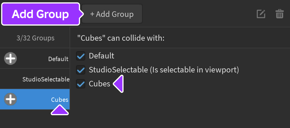 New group added to Collision Groups Editor in List View