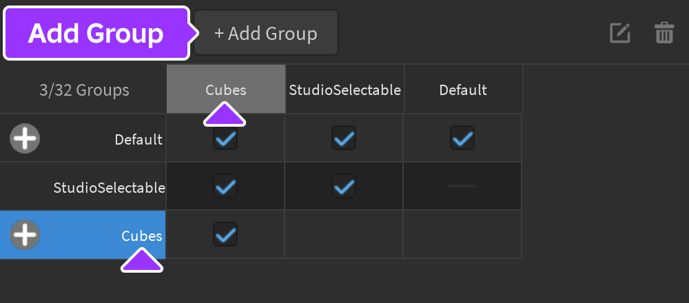 New group added to Collision Groups Editor in Table View