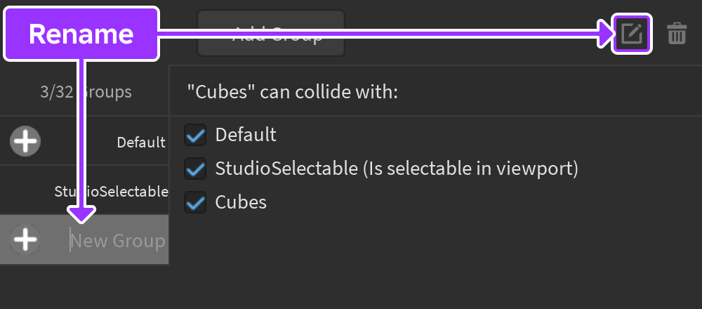 Button and field indicated for renaming a group in the Collision Groups Editor