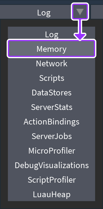 Dropdown menu of all Developer Console tools with the Memory option highlighted for selection.