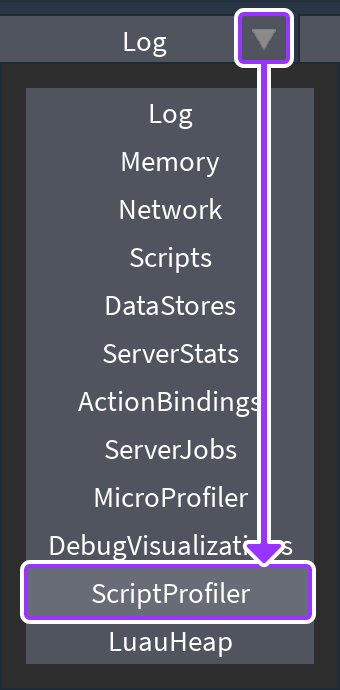 Dropdown menu of all Developer Console tools with the ScriptProfiler option highlighted for selection.