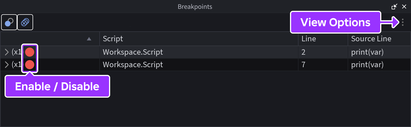 Breakpoints window in Studio