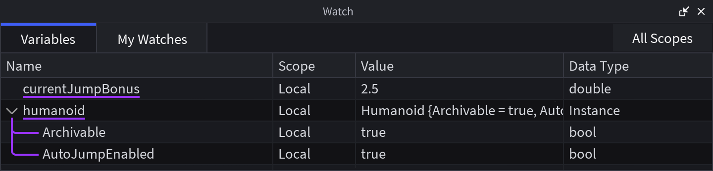 Variables information in the Watch window