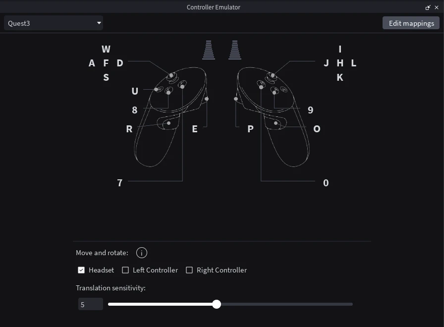 Controller Emulator showing Quest 3 controllers, keyboard mappings, and controls for moving the headset and controllers.