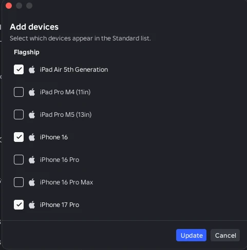 Add devices dialog with checkboxes that control which devices appear in the Standard list.